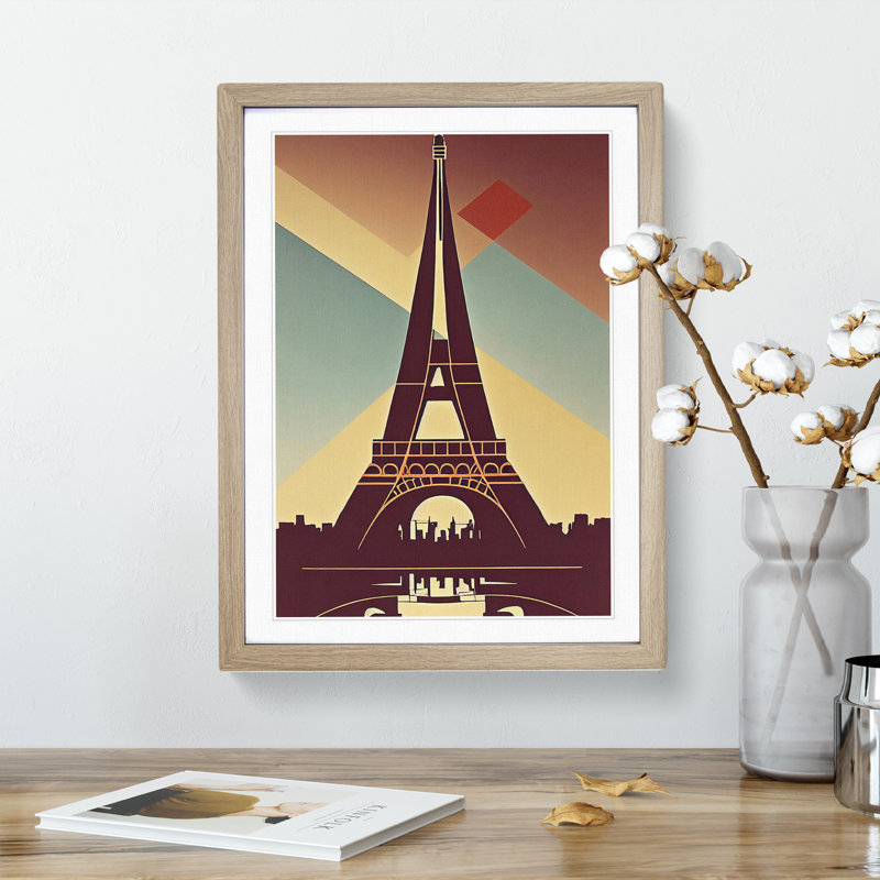 Eiffel Tower Art Deco No.2 - Wall Art, 34cm H x 25cm W x 2cm D, Oak Framed