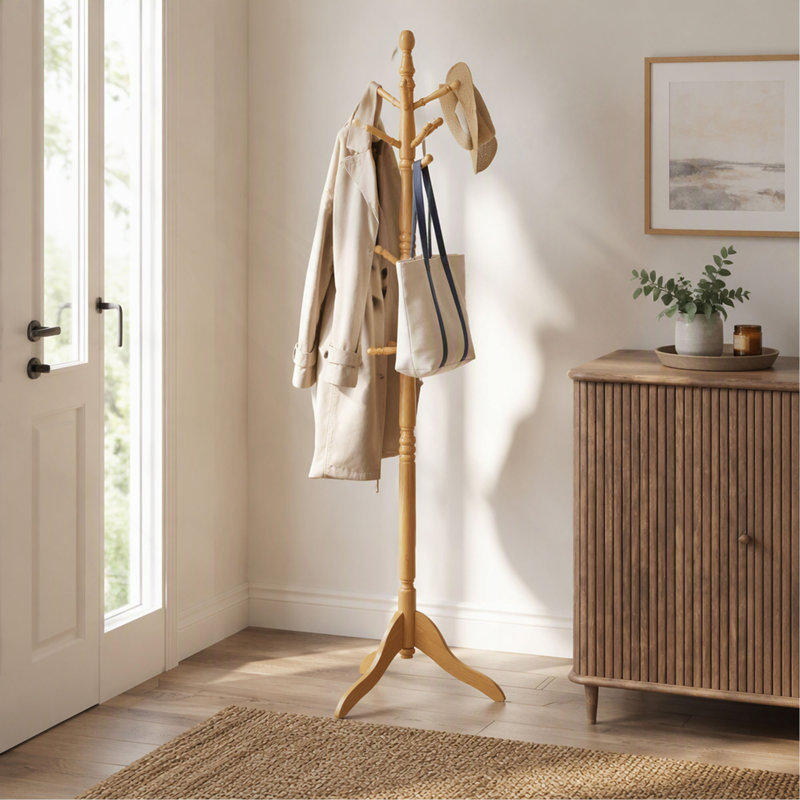 Porte-manteau classique en bois massif avec 10 crochets, support sur pied pour entrée et maison, Naturel