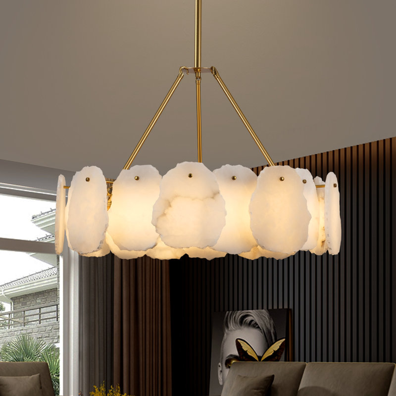 24"/ 31"Dimmable LED Drum Alabaster Chandelier Brass Pendant Lights For Dining Room, 17 W, 13.3" H x 24.4" W x 24.4" D