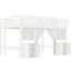 Lit mezzanine double en blanc avec rangement intégré, bibliothèque et rideau, barrières de sécurité, conception d'amusement, style loft, style chalet