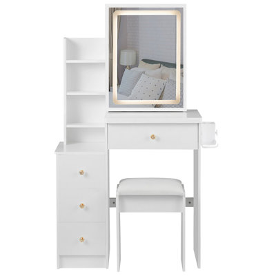 29.2" Small Size Left Bedside Cabinet Vanity Table + Cushioned Stool, 2 AC+2 USB Power Station, Hair Dryer Bracket, Extra Large Touch Control Sliding LED Mirror, Tri-Color Switching, Brightness Adjust