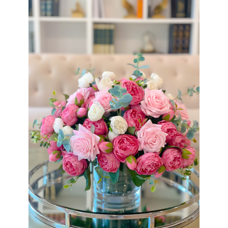 17 Inch Large Pink Real Touch Rose and Peony Centerpiece in Clear Glass Vase, Faux Floral Arrangement with Eucalyptus, Dining Table and Wedding Centerpiece