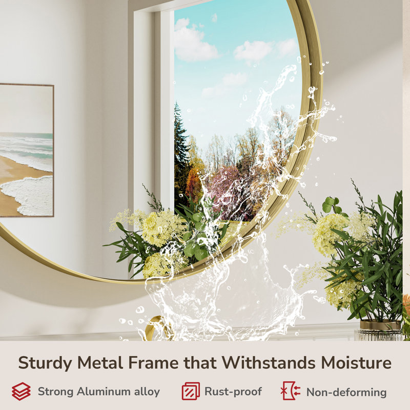 Valancia Round Bathroom Mirror with Aluminum Frame, Tempered Glass, Gold, 40" x 40"