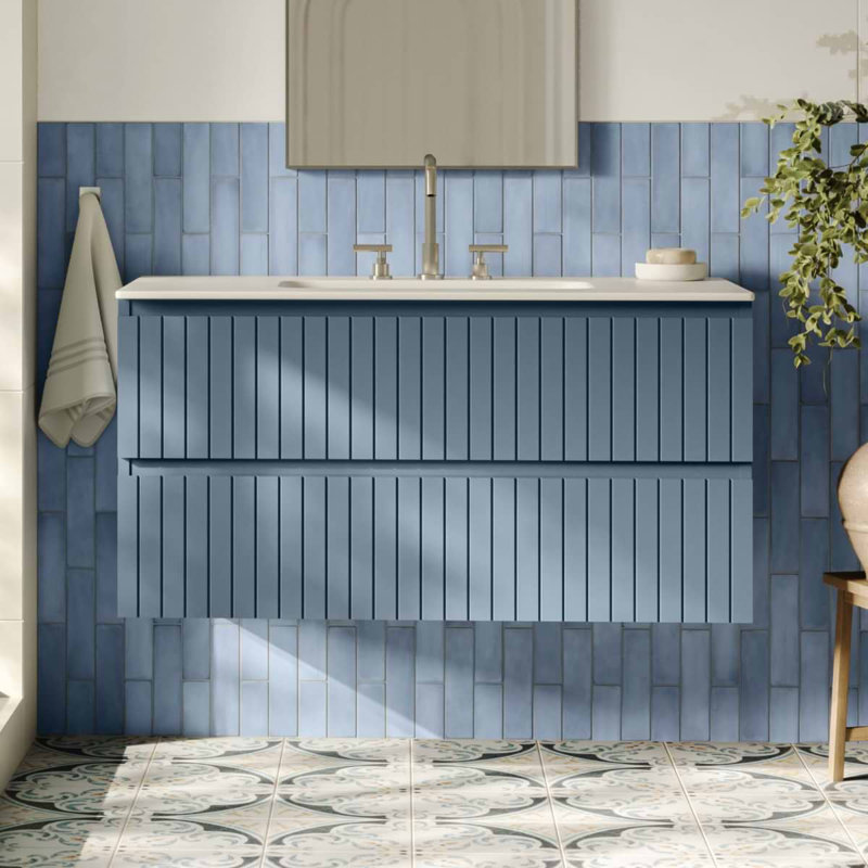 Meuble-lavabo simple flottant cannelé 42 po Atharv, Denim Blue, L 42 po