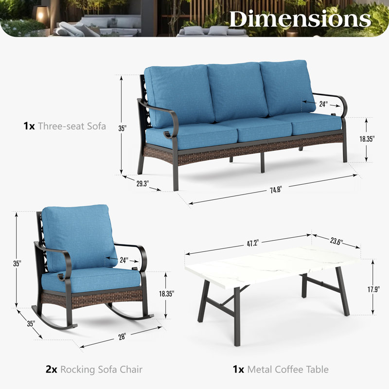 5-Person Sofa Seating Group With Rocking Lounge Chairs, Denim Blue