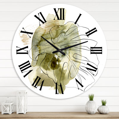 Dessin au trait, branche de Monstera, feuilles tropicales abstraites - horloge murale traditionnelle