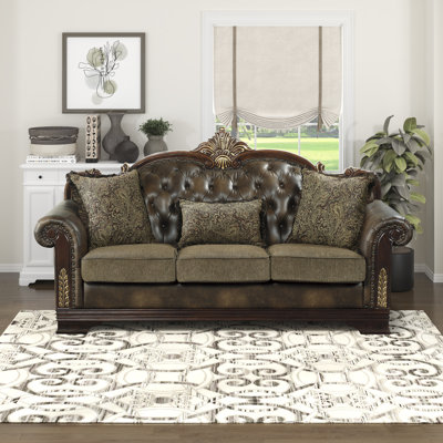 Vega 86.5" Traditional Faux Leather and Microfiber Sofa with Button-Tufting, Nailhead Trim & Decorative Pillows