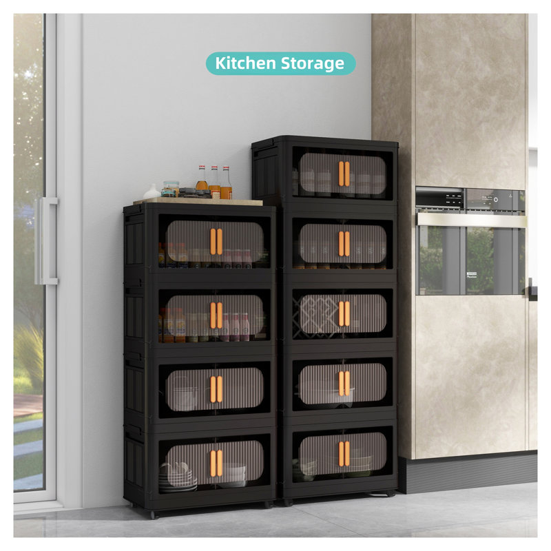 Black 5-Tier Folding Storage Cabinet with Magnetic Door, Collapsible Plastic Storage Organizer on Wheels, 20 Inch Space-Saving Storage Solution