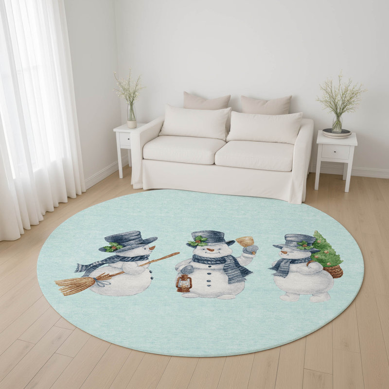 Premium Machine Washable Ingrassellino AMF1826 Happy Snowmen Holiday Rug, Round 8'