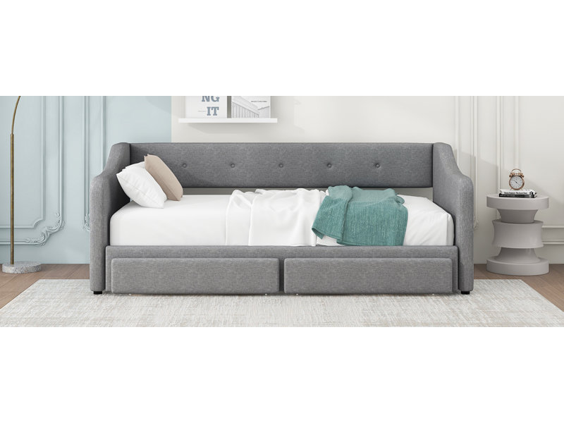 Lit de jour simple tapissier très grand avec deux tiroirs, gris