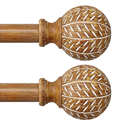 2 Pack Wood Curtain Rods For Windows 48 To 84 Inch,1'' Diameter Drapery Rods With Imitation Wood Grain Leaf Pattern Finials,Boho Adjustable Heavy Duty Curtain Rods Set,36-88'',Color:Natural Wood