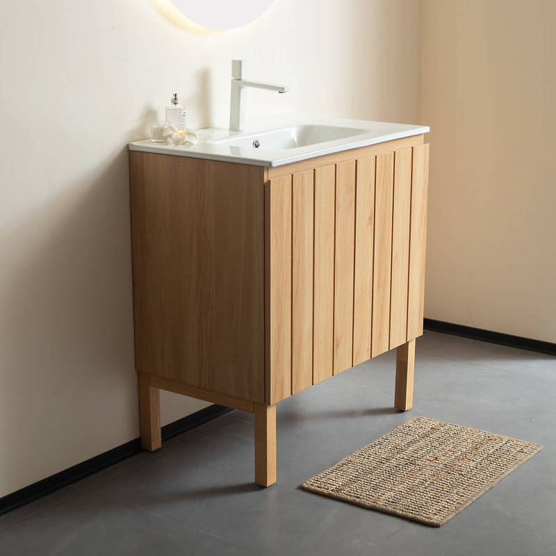 Meuble-lavabo autoportant moderne avec portes doubles Niko 30 po avec lavabo Niko, lavabo en céramique blanc sans robinet, couleur bois naturel
