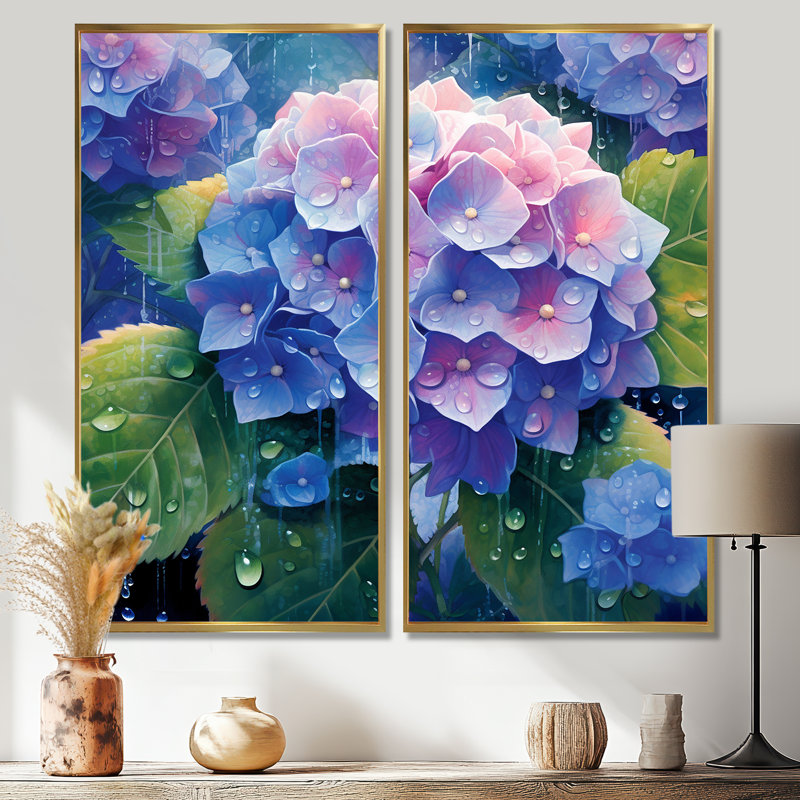 Hortensia bleu et vert - art mural traditionnel 2 panneaux, 32" H x 32" W, Impression encadrée flottante, Gold