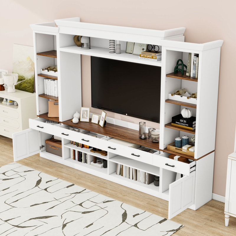 4-Piece Entertainment Wall Unit Set with 4 Drawers, 2 Cabinets and Adjustable Shelves, White