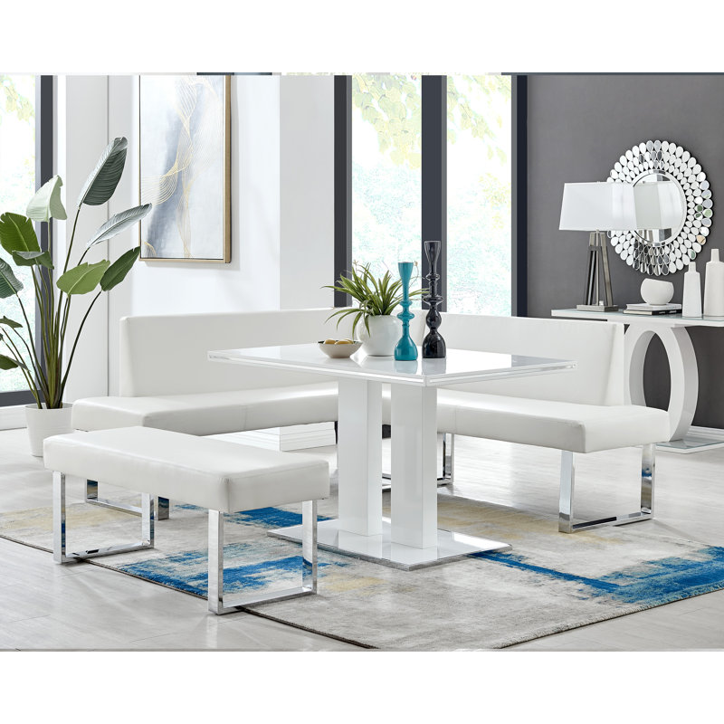 Darcie 2-Piece Contemporary Corner Sofa in Faux Leather and Chrome Metal, White Faux Leather