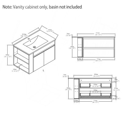 Meuble-lavabo suspendu de 76 cm (30 po), en contreplaqué, portes doubles à fermeture amortie, grand espace de rangement intérieur, compartiment de rangement latéral ouvert, fixation murale, meuble seulement, lavabo non inclus