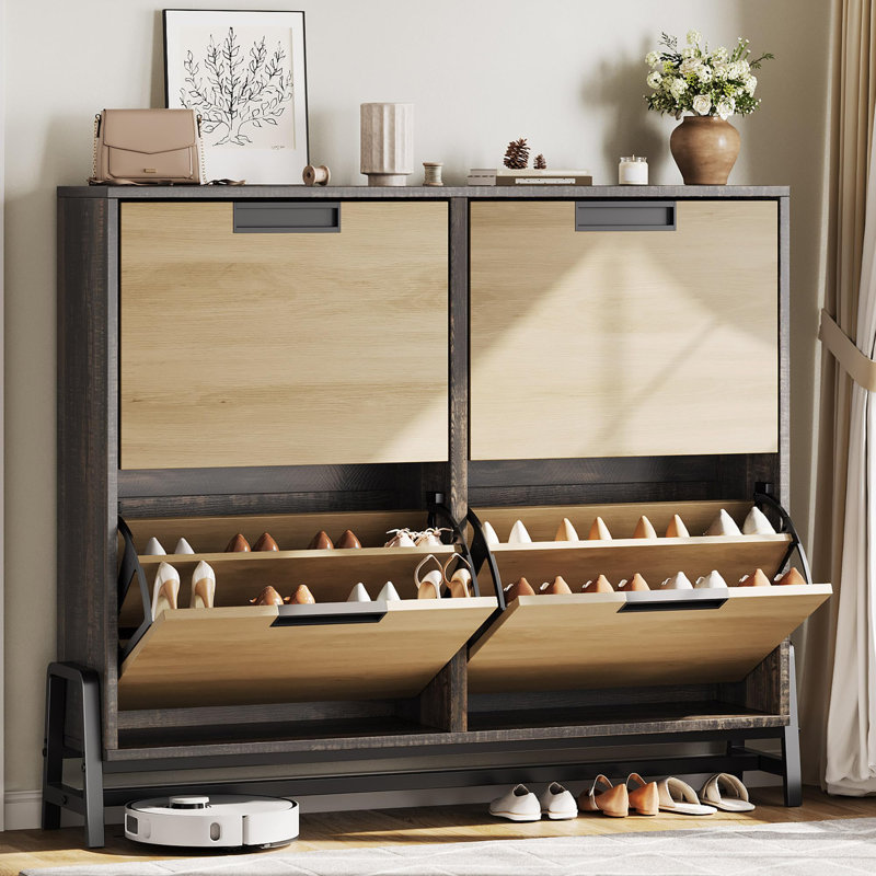Narrow Shoe Cabinet with 4 Flip Drawers, Freestanding Shoe Storage with Adjustable Shelves and Metal Legs