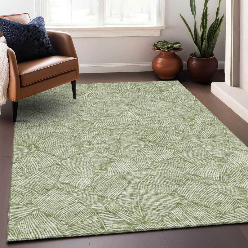 Premium Machine Washable Prisco Green Rug, Rectangle 10' x 14'