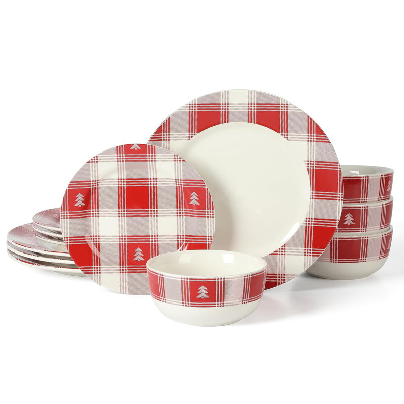Martha Stewart 12 Piece Plaid Decorated Round Stoneware Dinnerware Set in Red and White