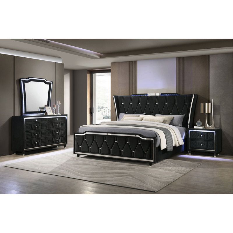 Ensemble de chambre avec très grand lit noir 4 pièces Eastern, Ensemble de 4 pièces : lit, table de chevet, comm