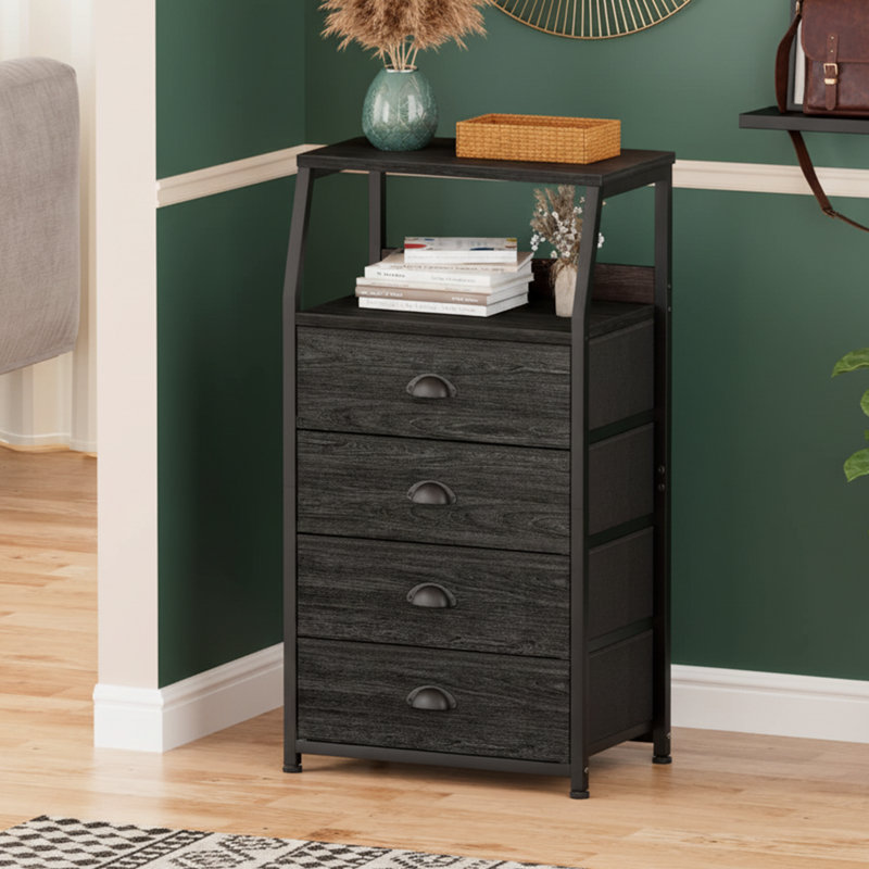 Tour de rangement à 33 tiroirs H 33 po avec plateau en bois, commode mince en tissu et table de chevet, Noir