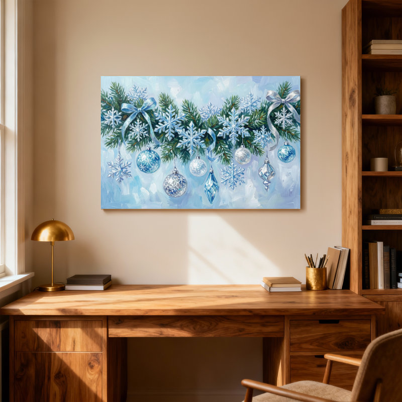 Ornements de Noël flocons de neige avec ruban bleu, H 16 po x l 24 po