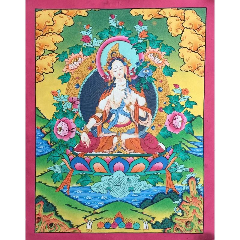 Karana Mudra blanc Tara Thangka (Thangka sans brocart) | Or 24 carats
