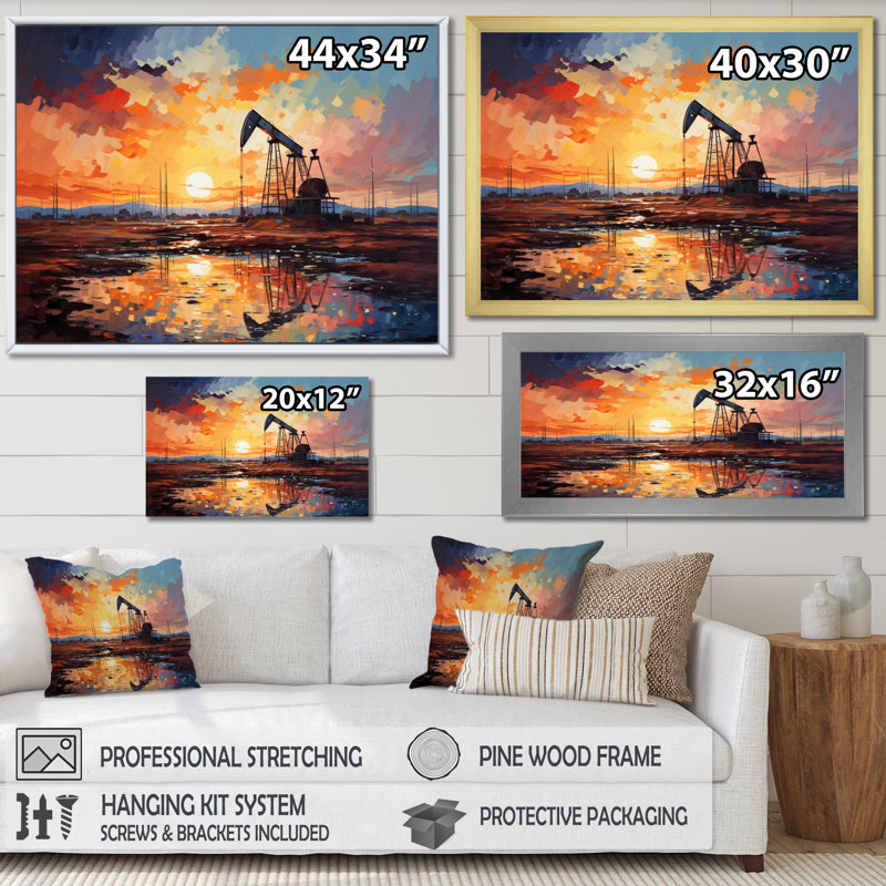 «Orange Oil Rigs Pumpjack In Texas II», art mural «Oil Rigs / Fields», Cadre simple noir, H 12 po x l 20 po x P 1 po