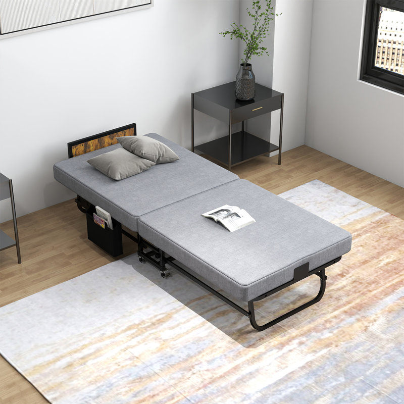 Lit d'appoint portatif avec rangement, structure en acier, gris moderne