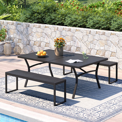 Rectangular Dining Table and Faux Wood Benches 