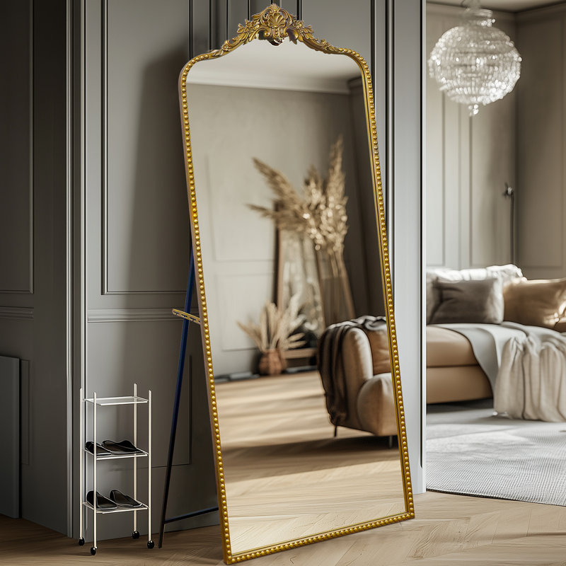 Miroir de plancher arqué antique, 75 po x 30 po, Or rétro