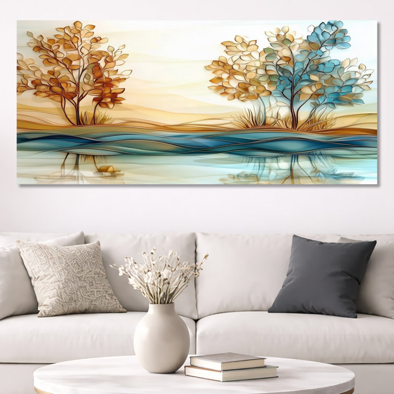 Brun bleu, brun et bleu, coucher de soleil sur le lac Simplicity I - impressions sereines encadrées, décoration murale nature