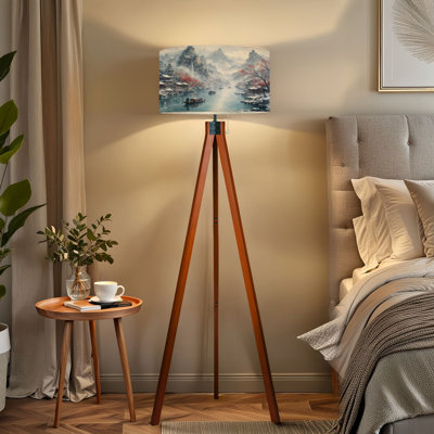  Tripod Standing Lamp Serene Winter Village by Mountain River Falling Snow Red Maple Trees Remote Controlled Dimmable LED Floor Lamp with Beech Wood Legs & Detachable Linen Shade for Farmhouse Apartment Living Room and Bedroom