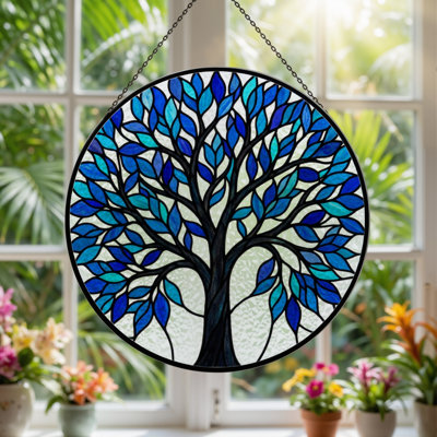 Panneau de vitrail d'arbre bleu 7,8 "H