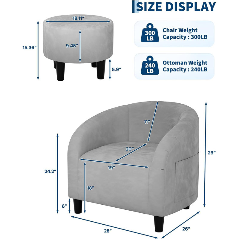 Fauteuil d'appoint en velours tonneau avec repose-pieds, Gris