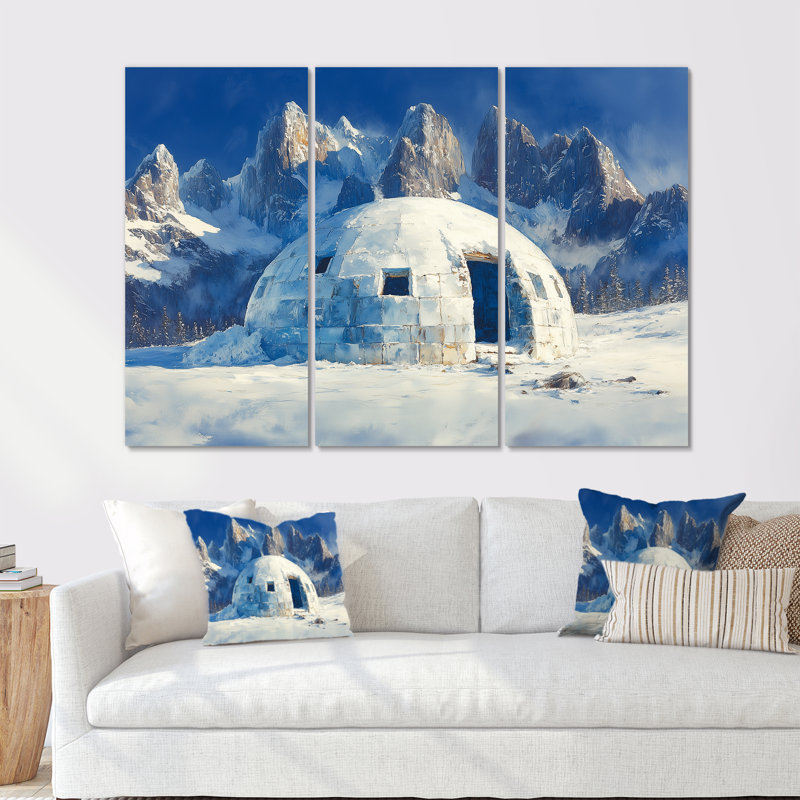 Igloo dans des tons bleus et blancs - ensemble de décorations de paysage d'hiver, Toile tendue, H 40 po x l 60 po x P 1 po
