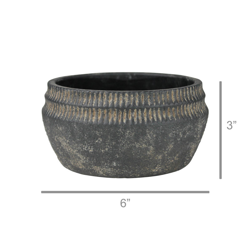 Koven Grey Tribal Low Cement Planter, 3" H x 6" W x 6" D