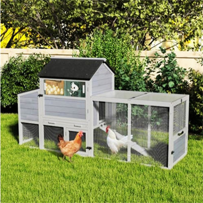 82.3-Inch Large Wooden Chicken Coop, Outdoor Backyard Small Animal Enclosure, Rabbit Cage With Wheels, Sun Panels, Asphalt Roof, Ramp, Openable Top, Doors, Windows, Pull-Out Tray, Chicken Coop