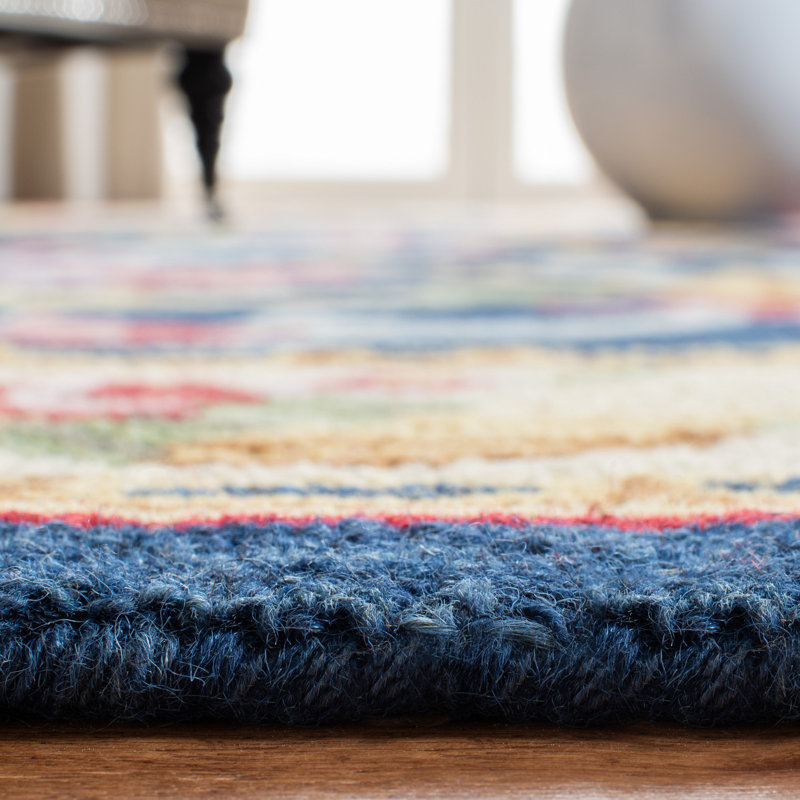 Tapis ivoire / bleu marine en laine / coton touffeté à la main Ozella, Tapis de couloir 2 pi 3 po x 6 pi