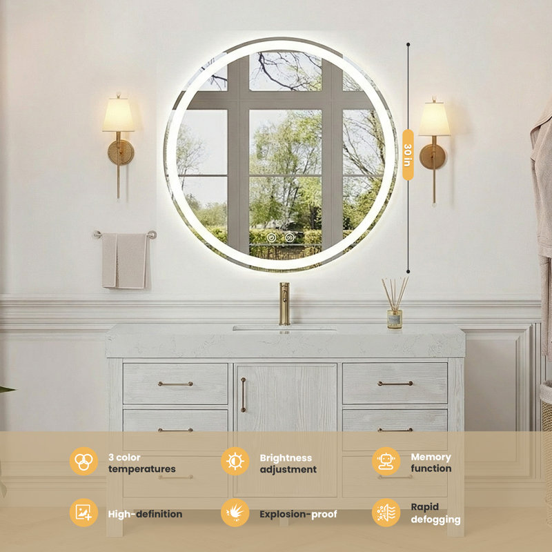 Wall-Mounted Round LED Anti-Fog Bathroom Mirror, Adjustable Brightness and Colour Temperature Vanity Mirror, 30" x 30"