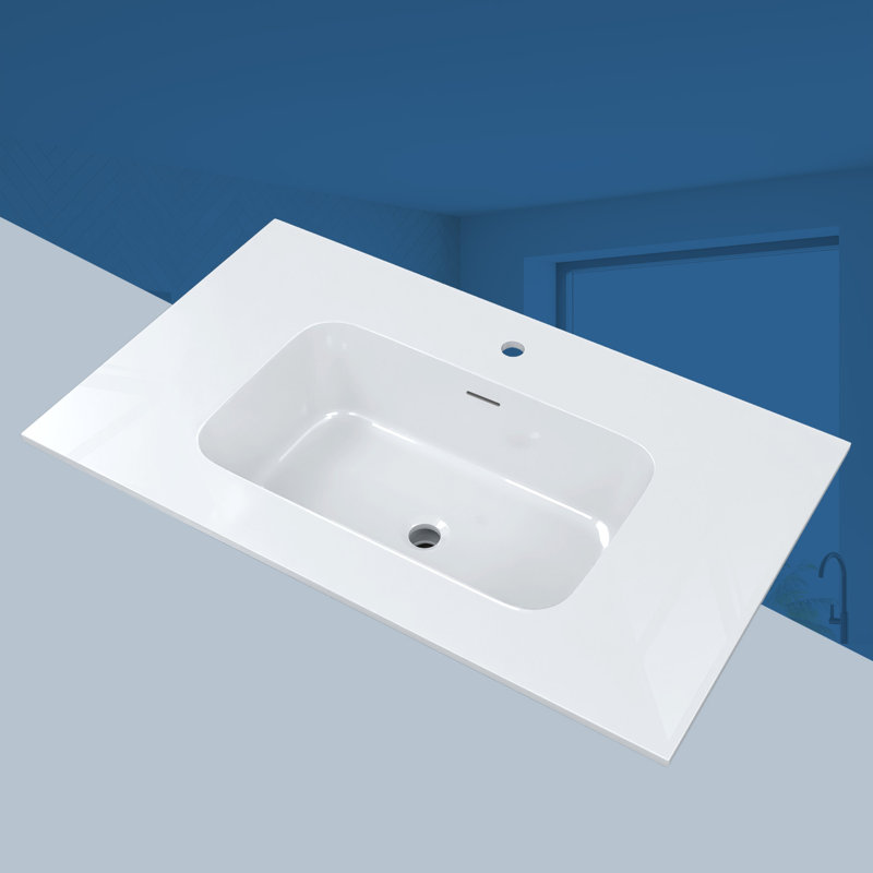 Dessus de meuble-lavabo à surface solide de 36 pouces avec lavabo intégré, comptoir mince de 0,56 po d'épaisseur, design moderne blanc éclatant, léger et facile à installer