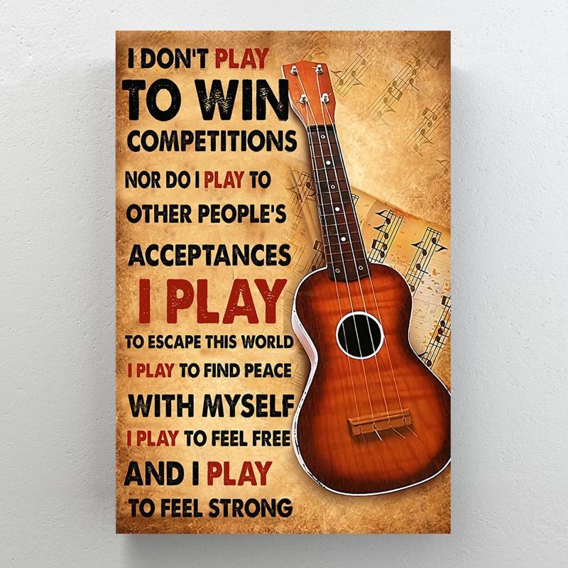«Guitare sur fond brun - I Don't Play To Win», reproduction d'art graphique sur toile tendue, H 20 po x l 16 po x P 2 po