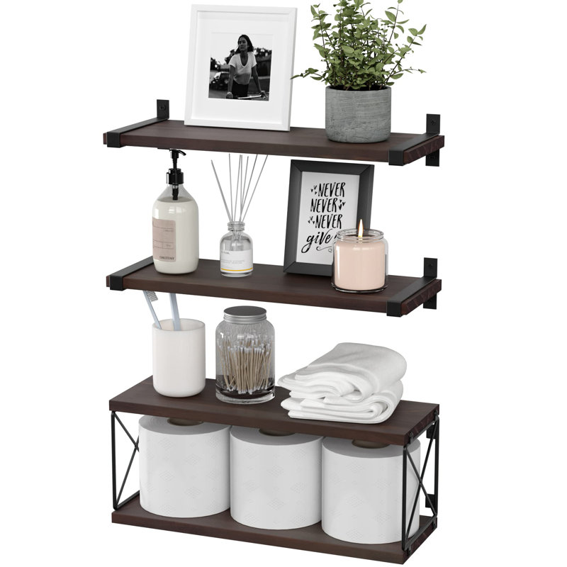 3 Piece Pine Floating Shelf, Rustic Brown
