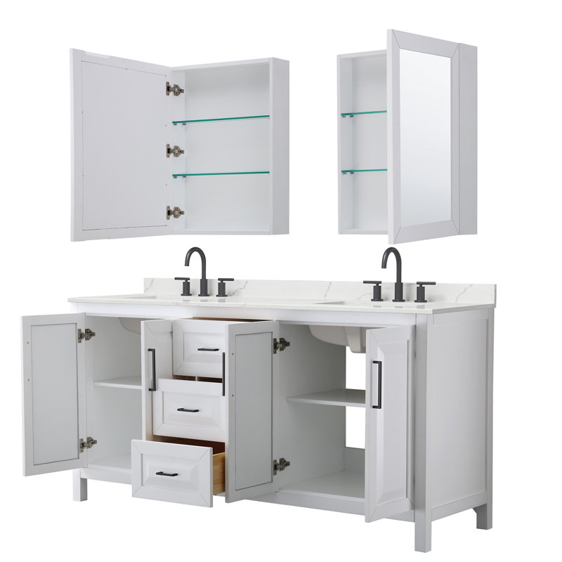 Meuble-lavabo double 72 po avec plateau en quartz et miroir Daria, Quartz blanc, Blanc, Noir mat