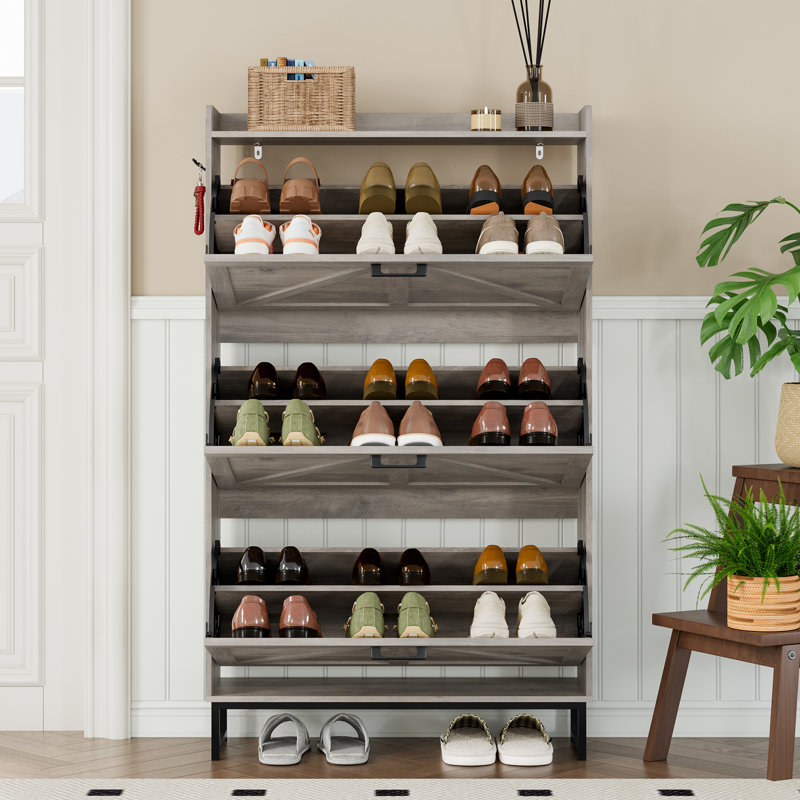 3-Tier Flip-Top Safety Shoe Cabinet with Anti-Tip Mechanism—Essential Entryway Storage Solution, Greige Oak