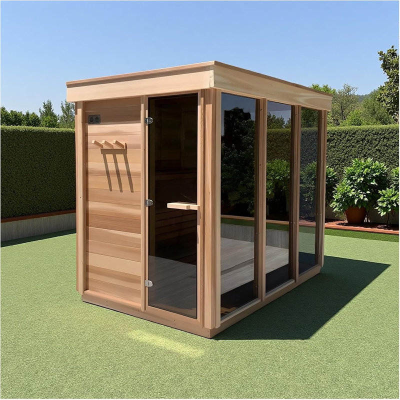 Outdoor Corner Steam Sauna for 2-4 Person, Canadian Hemlock, 6KW ETL TOULE Heater, Modern Sauna Box with Waterproof Asphalt Tiles, Left Door, 220V (0-195℉)