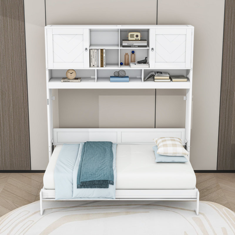 Grand lit escamotable en bois avec tablettes