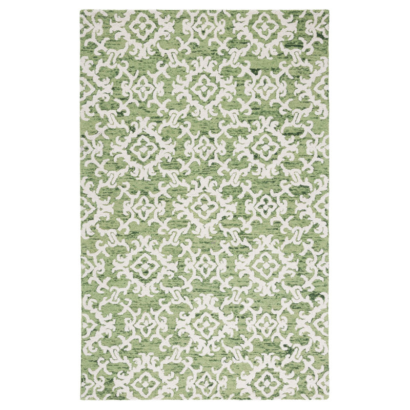 Tapis vert / blanc en laine touffeté à la main Arieah, Rectangulaire 3 pi x 5 pi