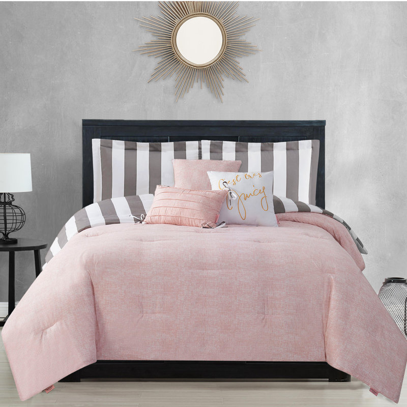 Juicy Couture Cabana Stripe Comforter Sets, King Comforter + 2 Shams + 3 Throw Pillows, Gray/White