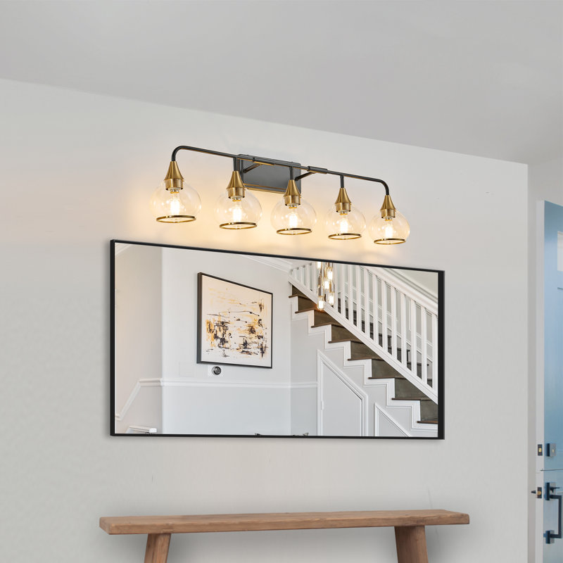 Miroir de salle de bain mural 5 lumières avec miroir en verre transparent, 5 lumières